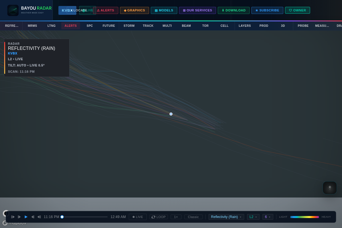 BayouRadar live hurricane tracker showing the NHC forecast cone over the Gulf of Mexico
