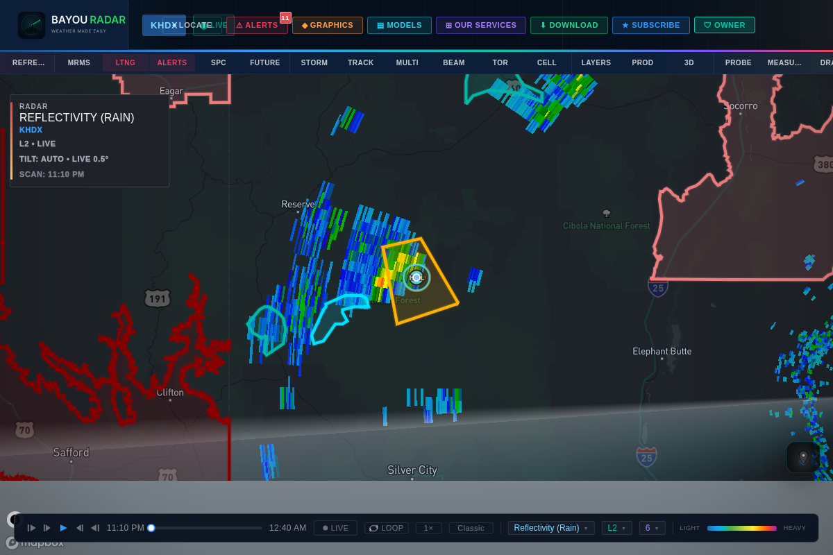 BayouRadar live lightning map showing individual strikes over an approaching thunderstorm