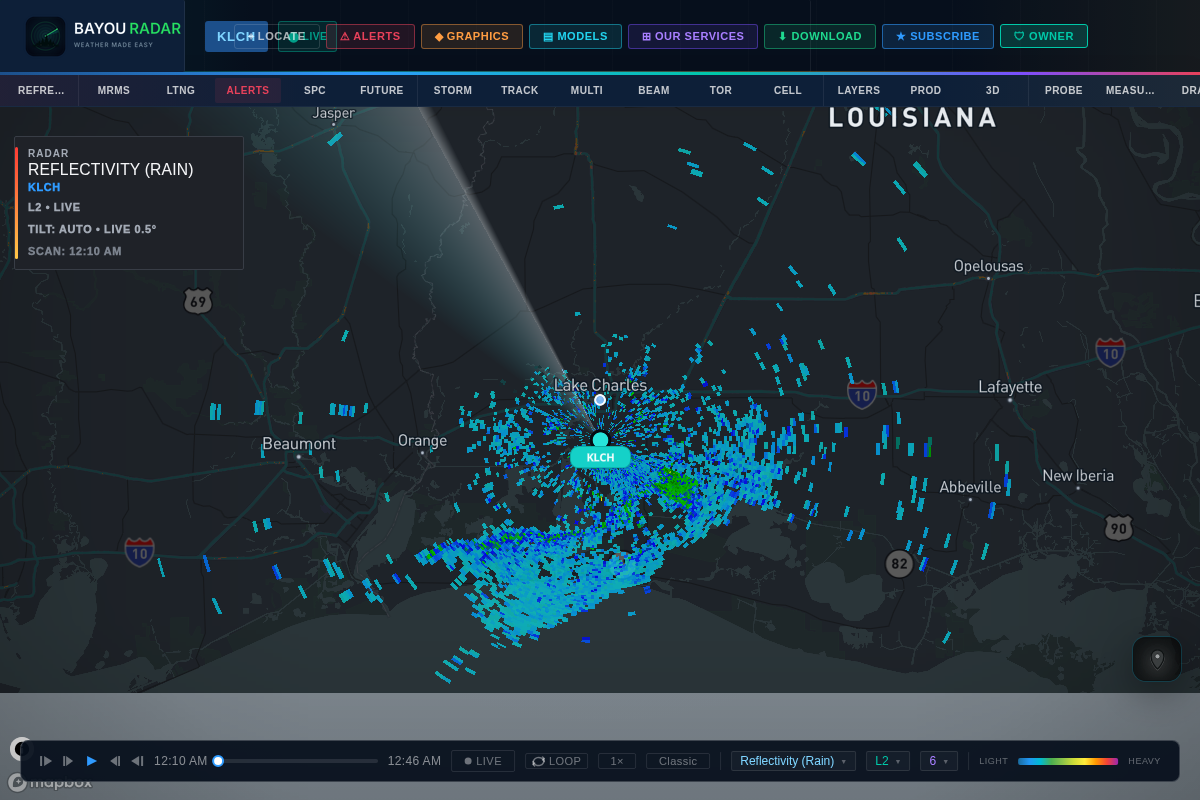 BayouRadar weather radar app shown on web, Android, and Windows