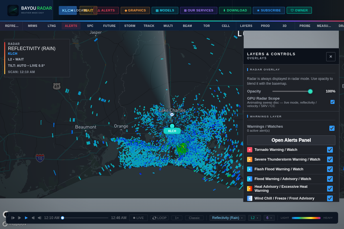 BayouRadar's Layers & Controls panel showing Pro-gated overlays