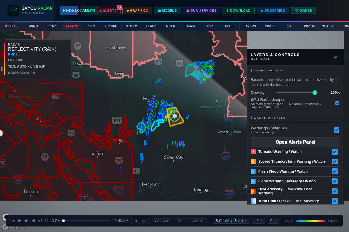 NWS alert type filters on BayouRadar's Alerts panel