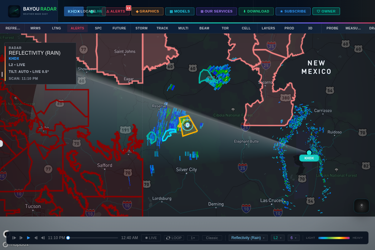 BayouRadar severe weather alert map showing active NWS warnings