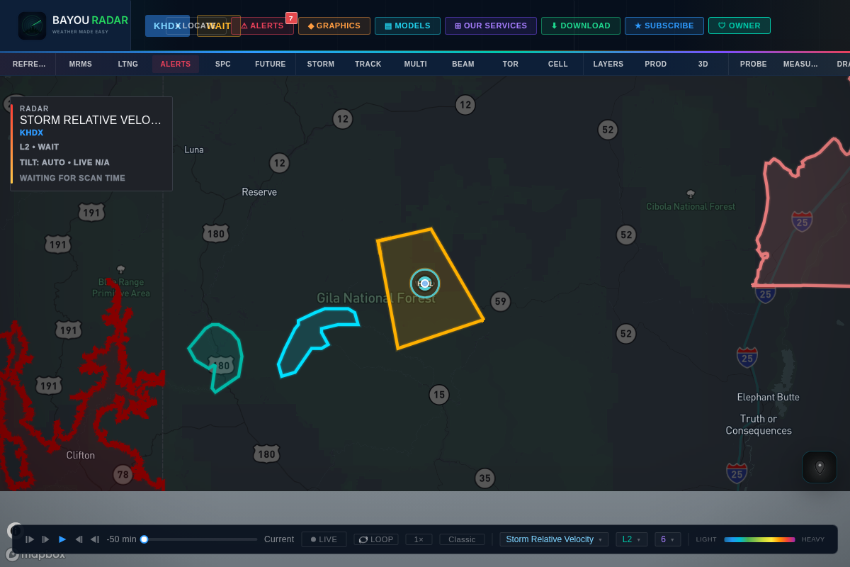 BayouRadar storm-relative velocity overlay used for beam-aware rotation screening